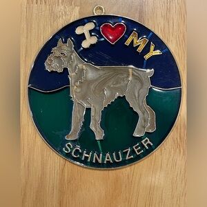 Vintage I Love My Schnauzer Dog Stained Glass Style Sun Catcher 4.25 Inch Round